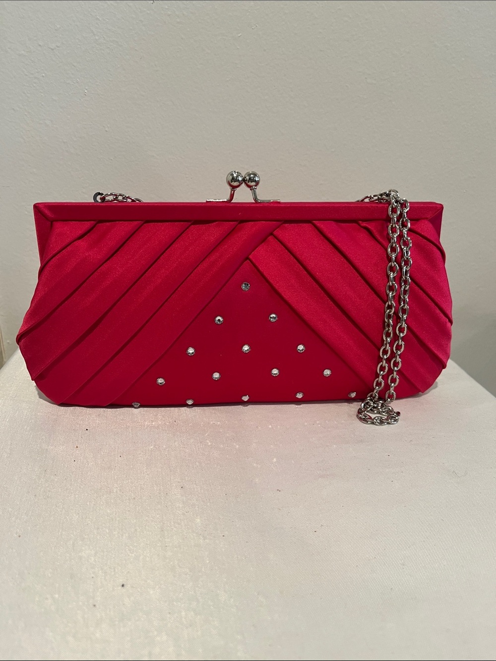 Fuchsia Satin Pleated Evening Clutch with Crystal Accents